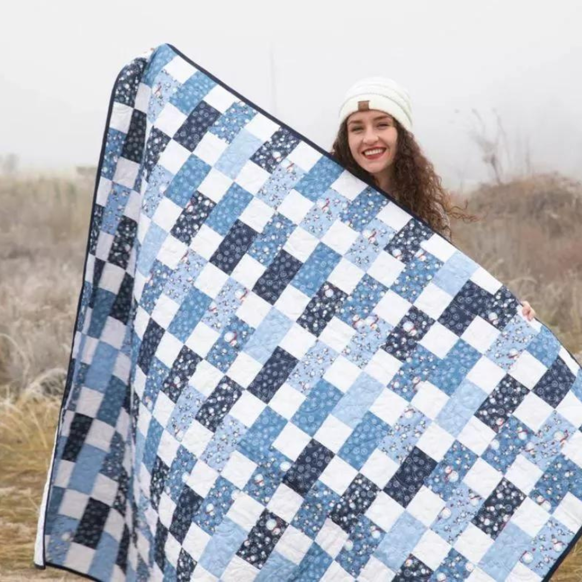 Gemütliches Schneemann-Quilt-Bastelset – vorgeschnitten mit kompletter Rückseite und Bindung – Fertiggröße 60 x 72 Zoll