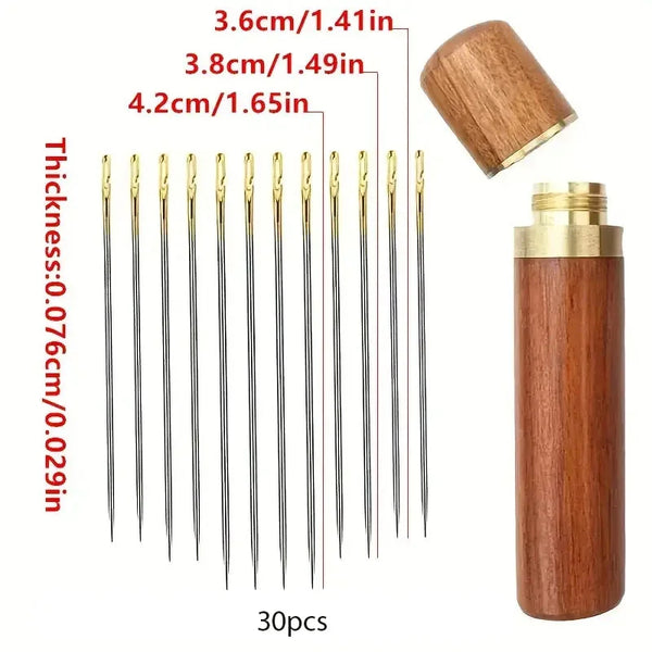 30pcs Self-Threading Needles with Wooden Storage Case – Perfect for Elderly and Easy Sewing