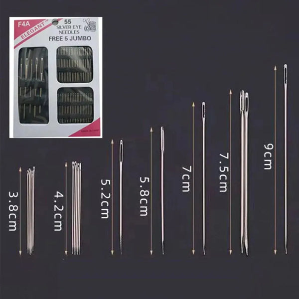 55-Piece Set of Stainless Steel Big Eye Hand Sewing Needles in Various Sizes for Needlework, Sewing, and Embroidery