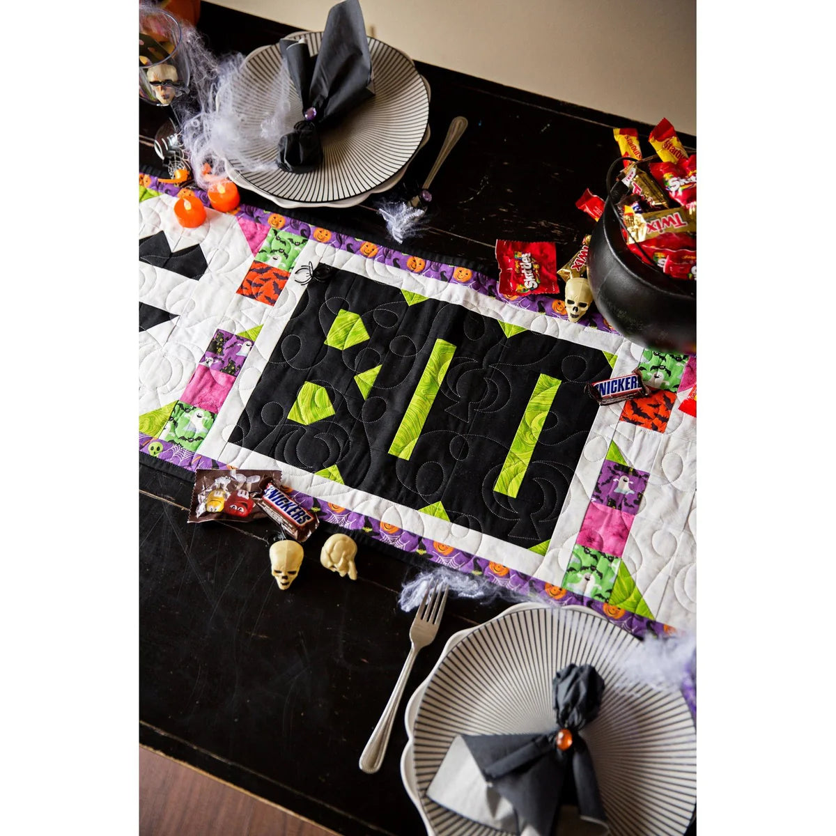 BOO Halloween Haunted Table Runner Set - 16" x 69" with Ghostly Designs, Includes Fabric, Pattern, Binding, and Backing