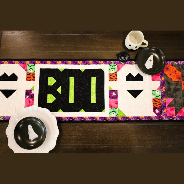 BOO Halloween Haunted Table Runner Set - 16" x 69" with Ghostly Designs, Includes Fabric, Pattern, Binding, and Backing