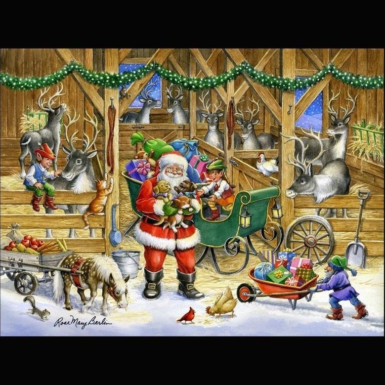 Reindeer Barn Digital Panel cotton quilt fabric Christmas Santa 36" X 45"
